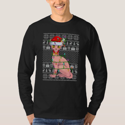Ugly Sweater Style Xmas Lights Santa Sphynx Cat Ch T-shirt (Voorkant)