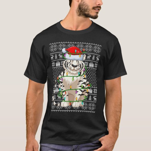 Ugly Sweater Style Xmas Lights Santa White Tiger C T-shirt (Voorkant)