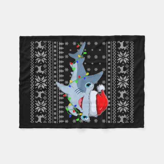 Ugly Sweater Xmas Lights Santa Hammerhead Shark Ch Fleece Deken (Voorkant (Horizontaal))