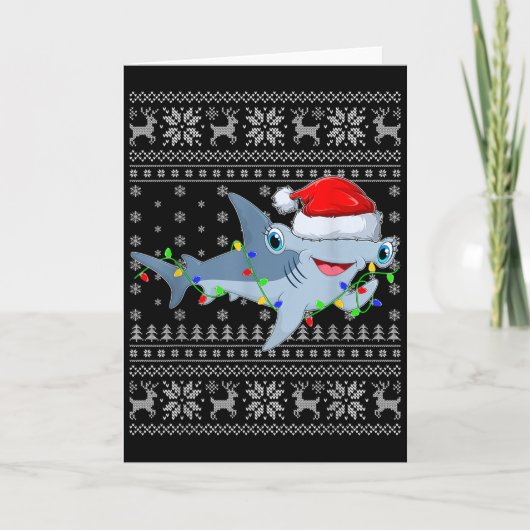 Ugly Sweater Xmas Lights Santa Hammerhead Shark Ch Kaart (Voorkant)