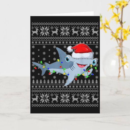 Ugly Sweater Xmas Lights Santa Hammerhead Shark Ch Kaart (Gele Bloem)