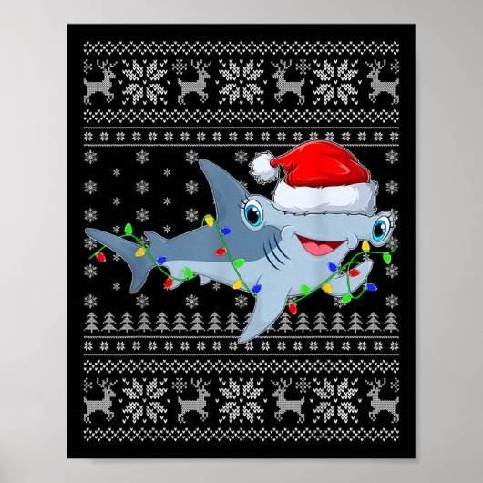 Ugly Sweater Xmas Lights Santa Hammerhead Shark Ch Poster (Voorkant)