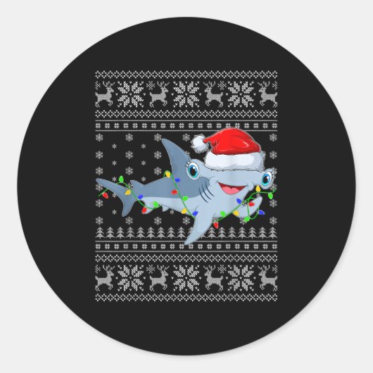 Ugly Sweater Xmas Lights Santa Hammerhead Shark Ch Ronde Sticker (Voorkant)