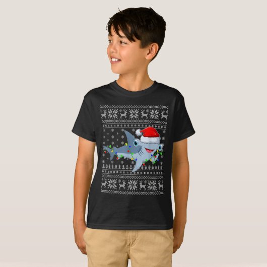 Ugly Sweater Xmas Lights Santa Hammerhead Shark Ch T-shirt (Voorkant volledig)
