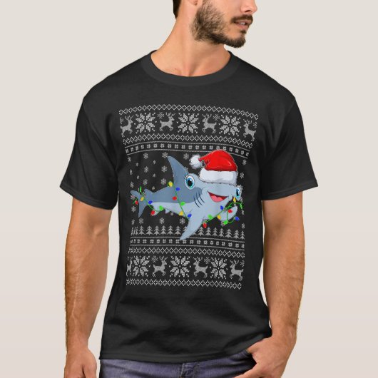 Ugly Sweater Xmas Lights Santa Hammerhead Shark Ch T-shirt (Voorkant)