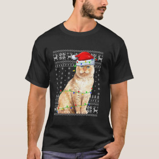 Ugly Sweater Xmas Lights Santa Scottish Fold Cat C T-shirt
