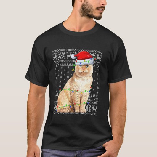 Ugly Sweater Xmas Lights Santa Scottish Fold Cat C T-shirt (Voorkant)