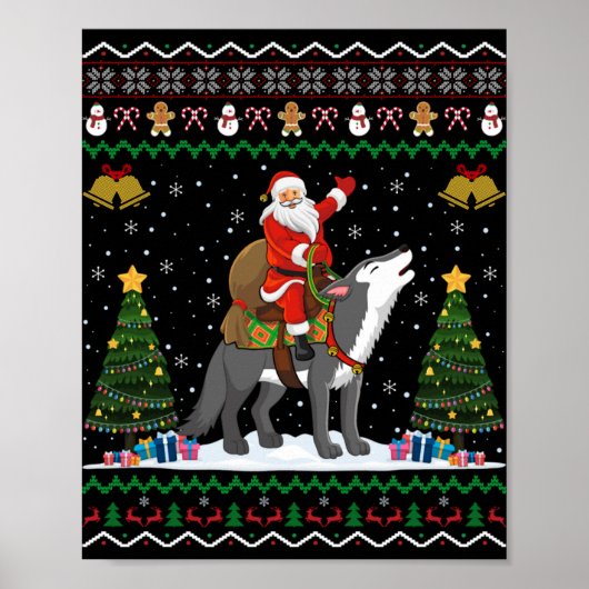 Ugly Wolf Xmas Gift Santa Riding Wolf Christmas T  Poster (Voorkant)