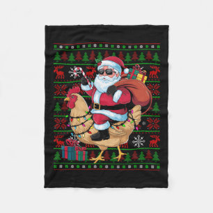 Ugly Xmas Lights Funny Santa Riding Chicken Bird C Fleece Deken
