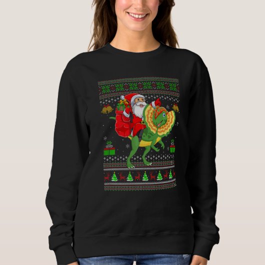 Ugly Xmas Santa Riding Dilophosaurus Dinosaur Chri Trui (Voorkant)