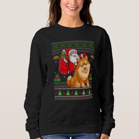Ugly Xmas Santa Riding Pomeranian Dog Christmas Trui (Voorkant)