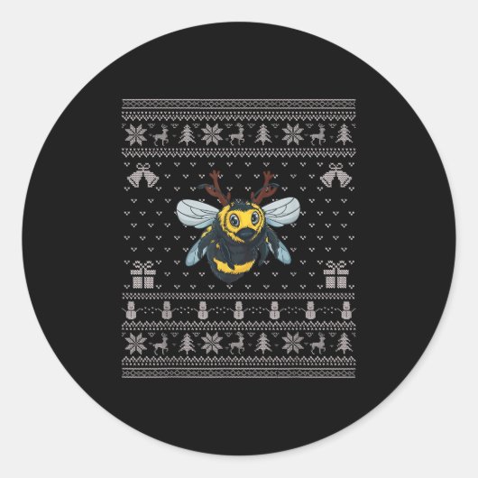 Ugly Xmas Sweater Style Bumble Bee Reindeer Christ Ronde Sticker (Voorkant)