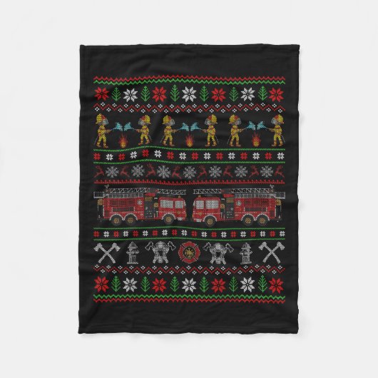 Ugly Xmas Sweater Style Fire Truck Firefighter Chr Fleece Deken (Voorkant)