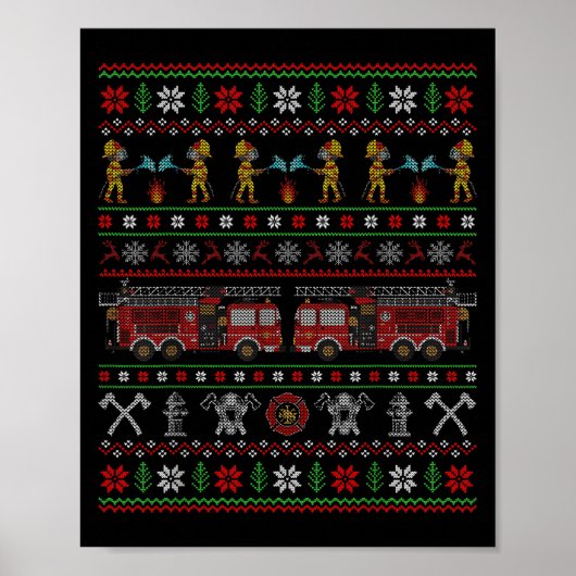 Ugly Xmas Sweater Style Fire Truck Firefighter Chr Poster (Voorkant)
