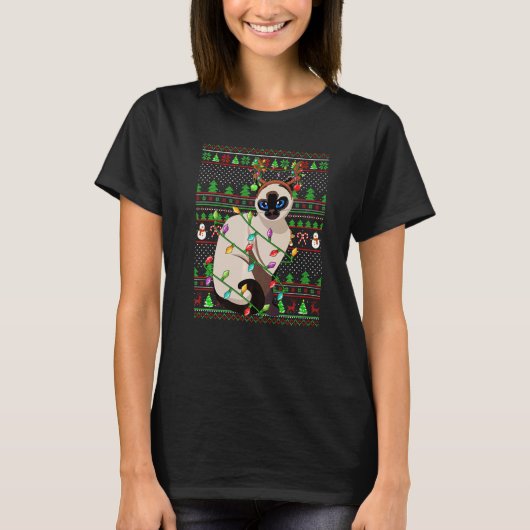 Ugly Xmas Sweater Style Lighting Balinese Cat Chri T-shirt (Voorkant)