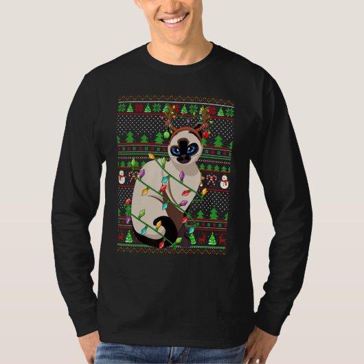 Ugly Xmas Sweater Style Lighting Balinese Cat Chri T-shirt (Voorkant)
