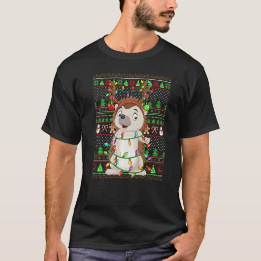 Ugly Xmas Sweater Style Lighting Hedgehog Christma T-shirt (Voorkant)