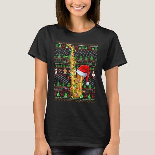 Ugly Xmas Sweater Style Lighting Saxophone Christm T-shirt (Voorkant)