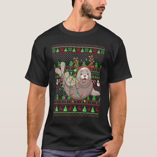Ugly Xmas Sweater Style Lighting Seals Christmas T-shirt (Voorkant)