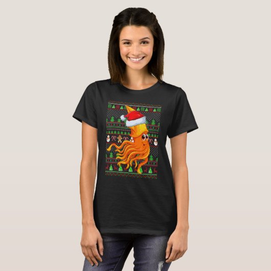 Ugly Xmas Sweater Style Lighting Squid Fish Christ T-shirt (Voorkant volledig)