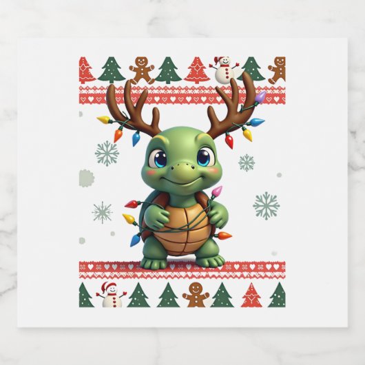 Ugly Xmas Sweater Style Lighting Turtle Christmas Sparkling Wijnetiket (Enkel label)