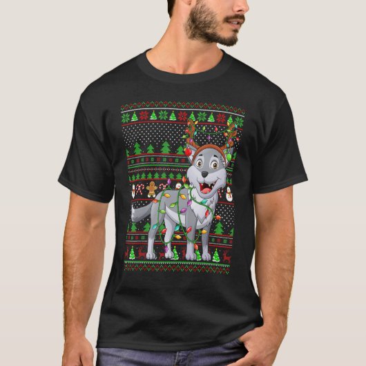 Ugly Xmas Sweater Style Lighting Wolf Christmas T-shirt (Voorkant)