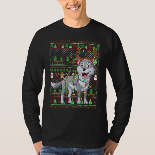 Ugly Xmas Sweater Style Lighting Wolf Christmas T-shirt (Voorkant)
