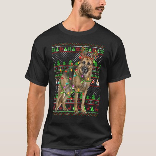 Ugly Xmas Sweater Style Lights German Shepherd Dog T-shirt (Voorkant)