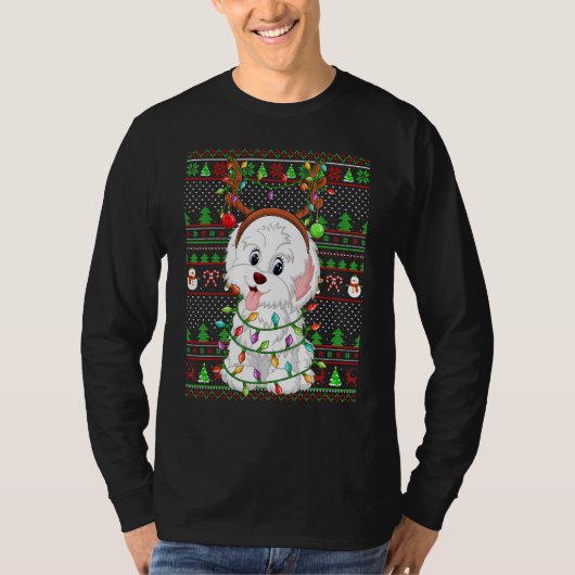 Ugly Xmas Sweater Style Lights Havanese Dog Christ T-shirt (Voorkant)