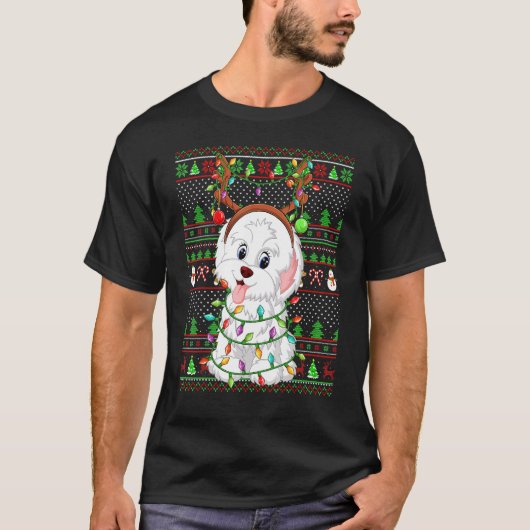 Ugly Xmas Sweater Style Lights Havanese Dog Christ T-shirt (Voorkant)