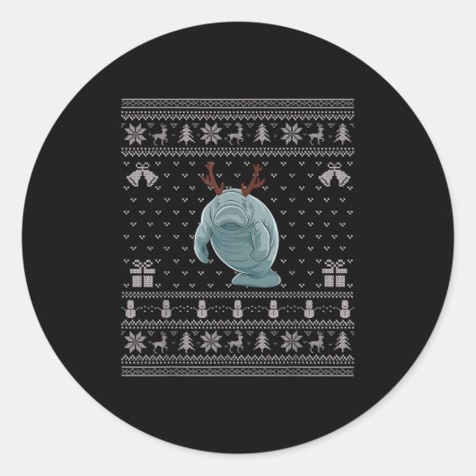 Ugly Xmas Sweater Style Manatee Reindeer Christmas Ronde Sticker (Voorkant)