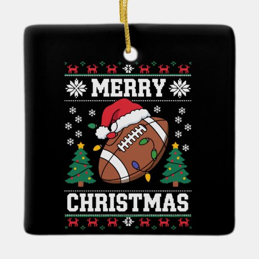 Ugly Xmas Sweater Style Santa Amerikaans Football Keramisch Ornament (Voorkant)