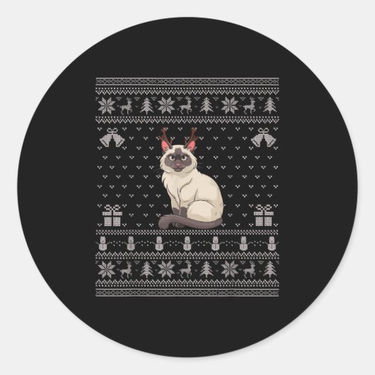 Ugly Xmas Sweater Style Siamese Cat Reindeer Chris Ronde Sticker (Voorkant)