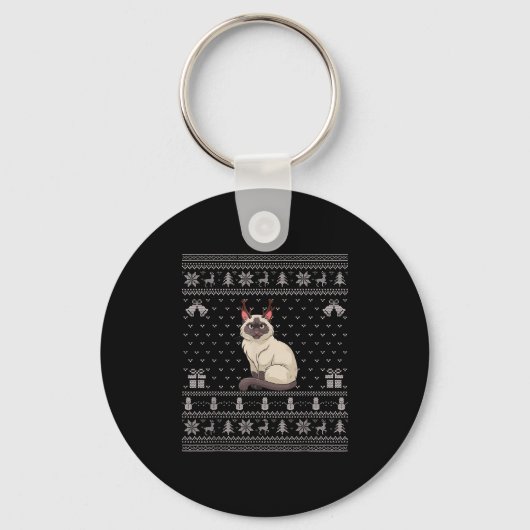 Ugly Xmas Sweater Style Siamese Cat Reindeer Chris Sleutelhanger (Voorkant)