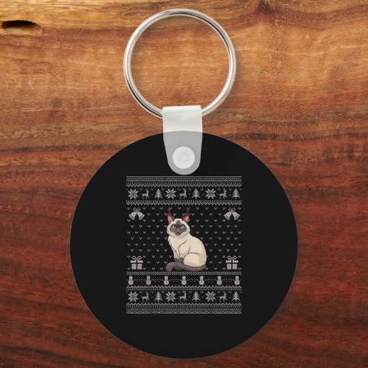 Ugly Xmas Sweater Style Siamese Cat Reindeer Chris Sleutelhanger (Voorkant)