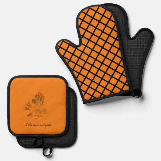 Ui en knoflook keuken sinaasappel ovenwant & pannenlap set (Voorkant / Achterkant)