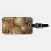 Uien in het net, groente en fruit, pikante koken bagagelabel (Voorkant horizontaal)