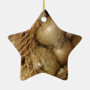 Uien in het net, groente en fruit, pikante koken keramisch ornament