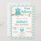 Uil 1e verjaardag Uitnodiging Jongen Turquoise en  (Voorkant)