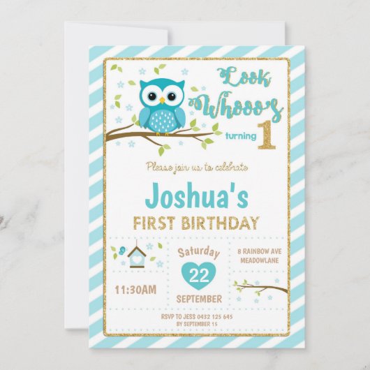 Uil 1e verjaardag Uitnodiging Jongen Turquoise en  (Voorkant)
