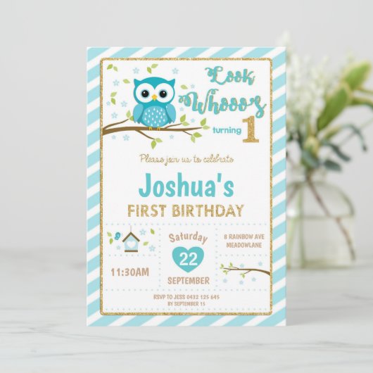 Uil 1e verjaardag Uitnodiging Jongen Turquoise en  (Staand voorkant)