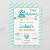 Uil 1e verjaardag Uitnodiging Jongen Turquoise en  (Voorkant / Achterkant)