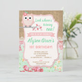 Uil 1e verjaardag uitnodigingen, meisje uil verjaa kaart (Staand voorkant)