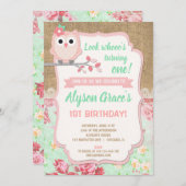 Uil 1e verjaardag uitnodigingen, meisje uil verjaa kaart (Voorkant / Achterkant)
