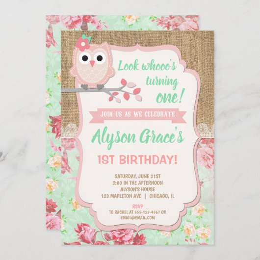 Uil 1e verjaardag uitnodigingen, meisje uil verjaa kaart (Voorkant / Achterkant)