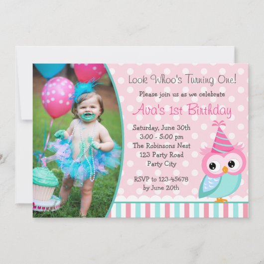 Uil 1e verjaardag Uitnodigingen met Foto Turquoise (Voorkant)