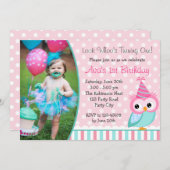 Uil 1e verjaardag Uitnodigingen met Foto Turquoise (Voorkant / Achterkant)