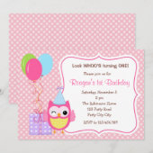 Uil 1e verjaardag uitnodigingen voor meisjes (ball (Voorkant / Achterkant)