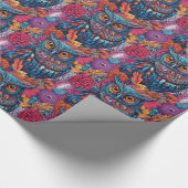 Uil Art Tekening Blauwe uil en roze bloemen Cadeaupapier (Hoek)