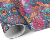 Uil Art Tekening Blauwe uil en roze bloemen Cadeaupapier (Rol Hoek)